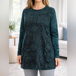 Coldwater Creek Teal Burnout Velvet Tunic Top Long Sleeve Boho M